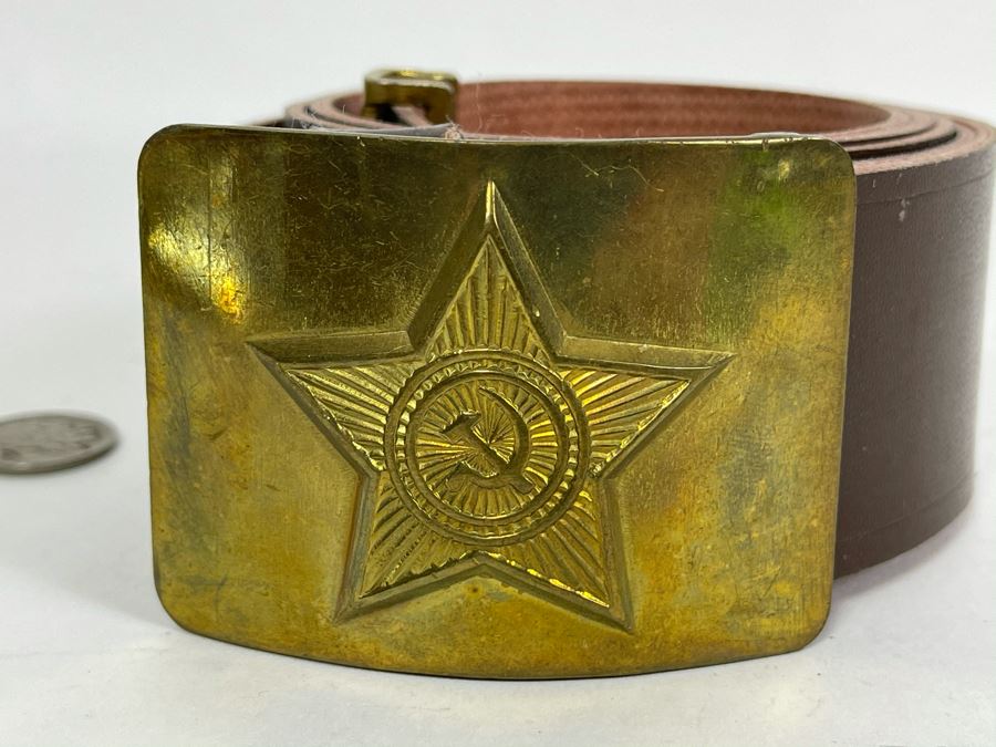Vintage Soviet Union Belt Buckle With Leather Belt Adustable 40L [Photo 3]