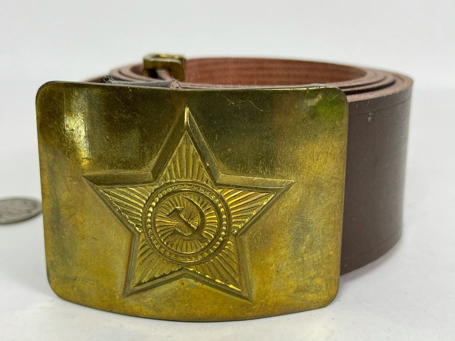Vintage Soviet Union Belt Buckle With Leather Belt Adustable 40L [Photo 4]