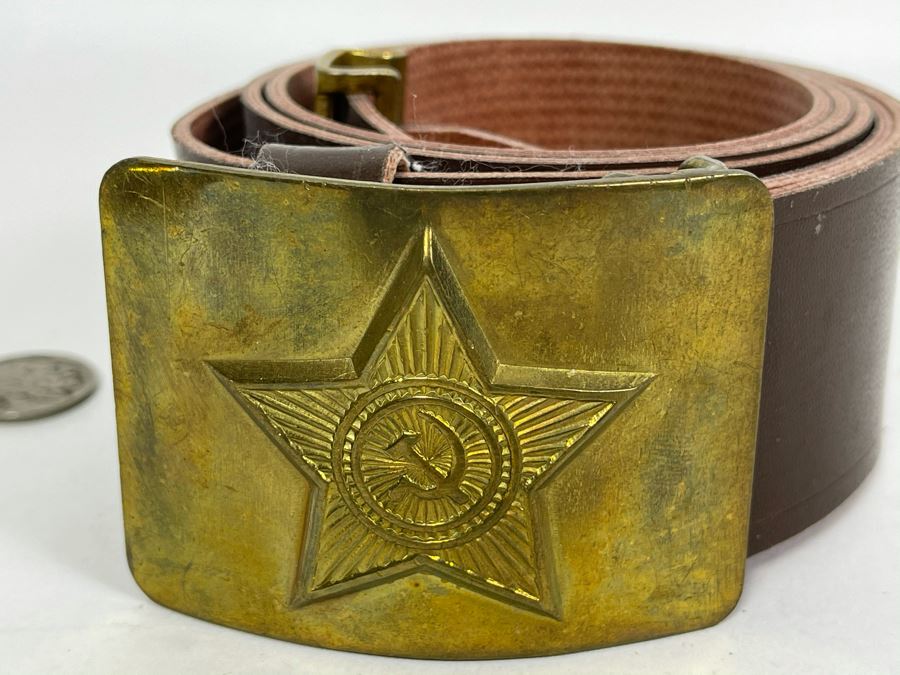 Vintage Soviet Union Belt Buckle With Leather Belt Adustable 40L [Photo 2]