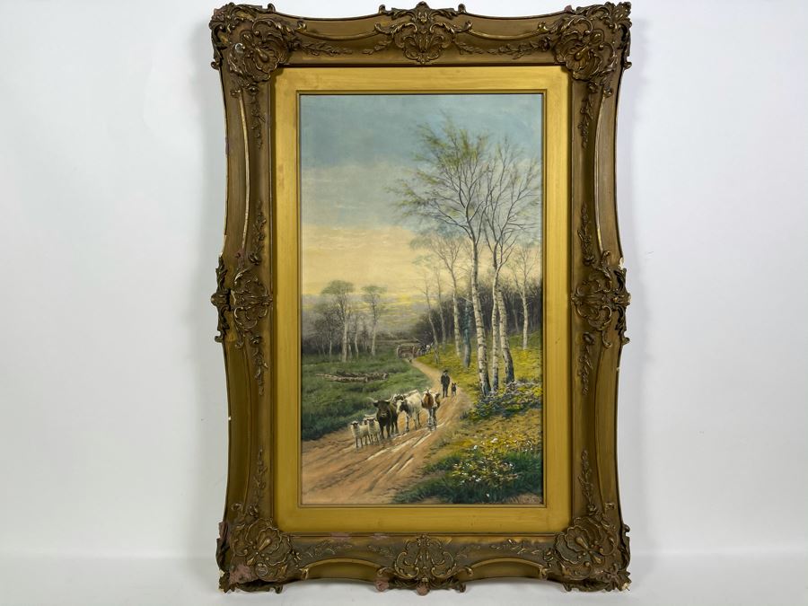 Original Signed R. F. Mcintyre Painting Titled 'The Path Across The Common Morning' In Vintage Frame 12 X 20