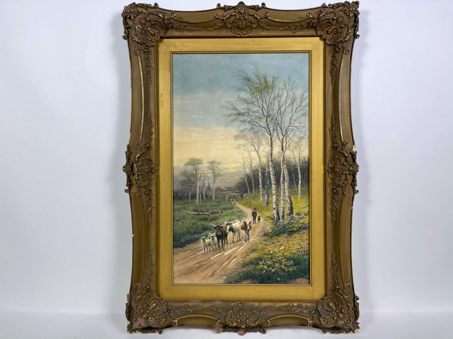 Original Signed R. F. Mcintyre Painting Titled 'The Path Across The Common Morning' In Vintage Frame 12 X 20 [Photo 2]
