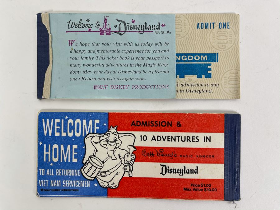 Pair Of Partially Used Disneyland Tickets With 'Welcome Home To All Returning Vietnam Servicemen' On Back Of Ticket Books [Photo 1]