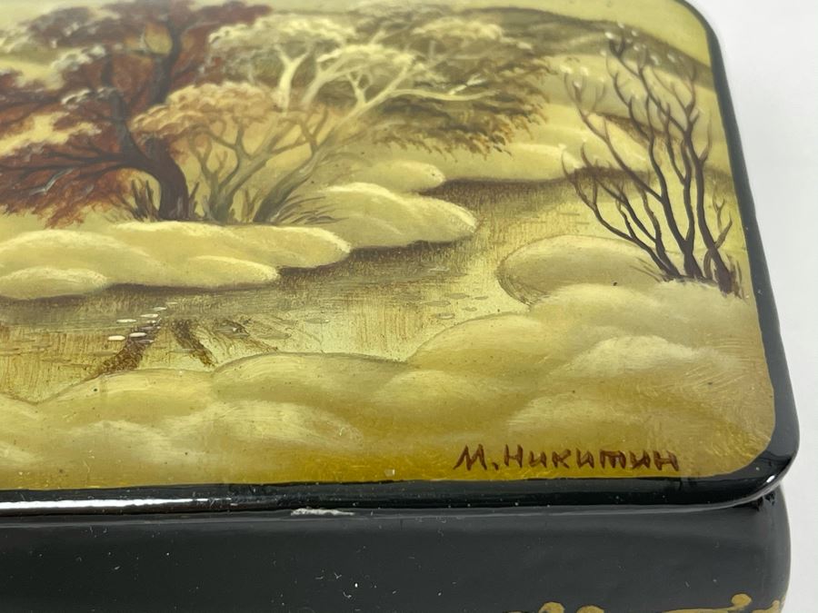 Handpainted Signed Russian Palekh Lacquer Box 4.25W X 2.5D X 1.75H [Photo 5]