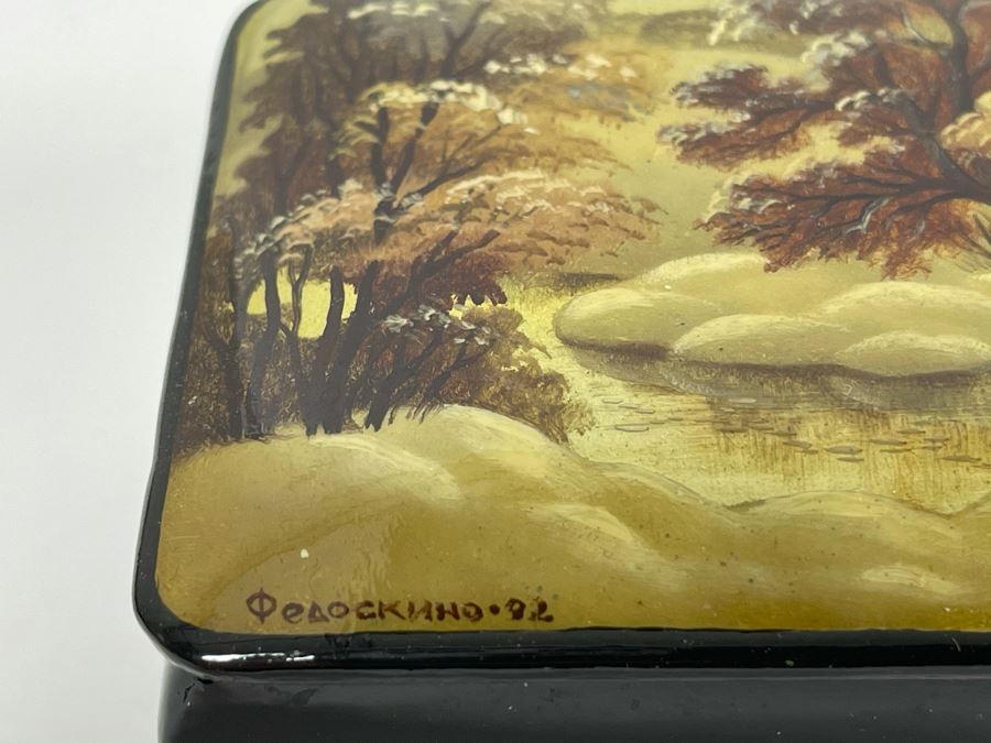 Handpainted Signed Russian Palekh Lacquer Box 4.25W X 2.5D X 1.75H [Photo 4]