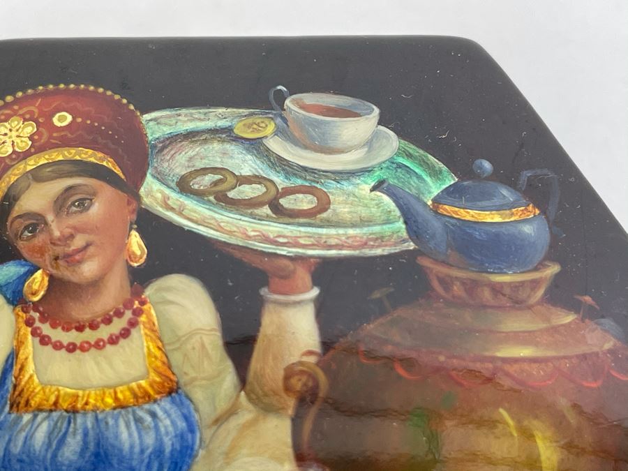 Handpainted Signed Russian Palekh Lacquer Box 4W X 1.5H [Photo 13]