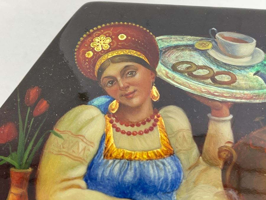 Handpainted Signed Russian Palekh Lacquer Box 4W X 1.5H [Photo 12]