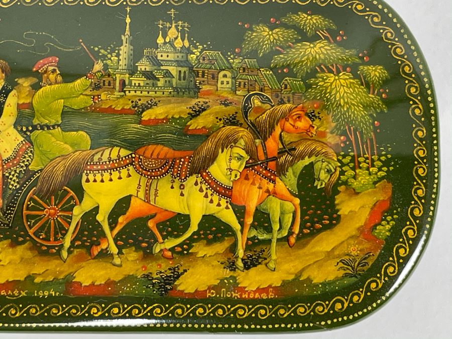 Handpainted Signed Russian Palekh Lacquer Box 3.5W X 2D X 1.25H [Photo 5]