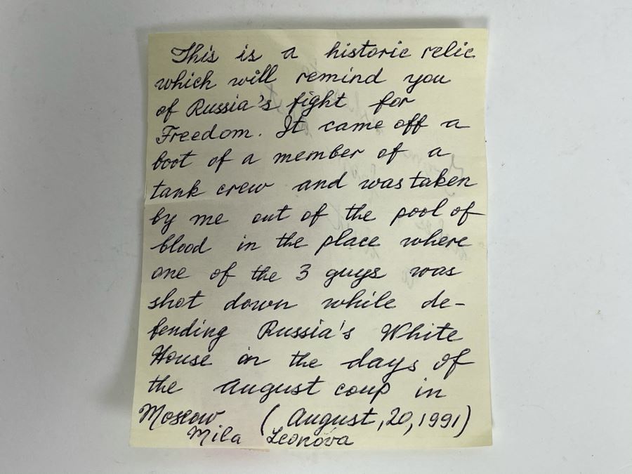 JUST ADDED - Historic Soviet Union Relic From Tank Crew Member Of Fallen Soldier's Boot Who Was Defending Russia's White House During August Coup In Moscow, Russia August 20, 1991 (See Handwritten Note) [Photo 5]
