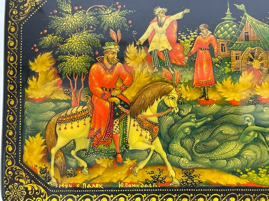 Handpainted Signed Russian Palekh Lacquer Box With Mermaids 3W X 2.25D X 1.25H [Photo 3]