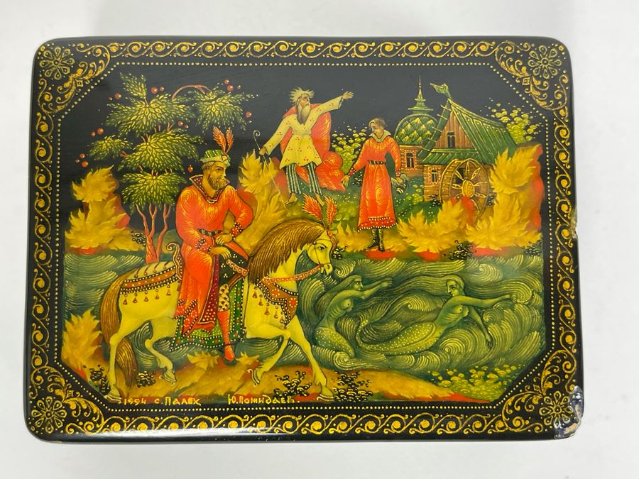 Handpainted Signed Russian Palekh Lacquer Box With Mermaids 3W X 2.25D X 1.25H [Photo 1]