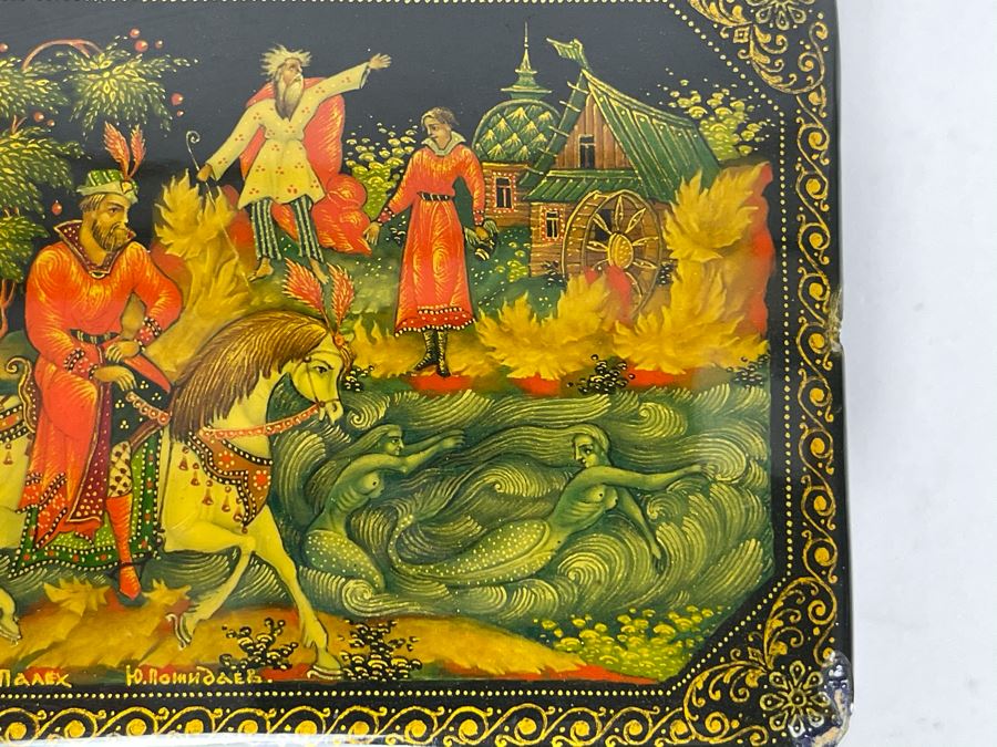 Handpainted Signed Russian Palekh Lacquer Box With Mermaids 3W X 2.25D X 1.25H [Photo 4]