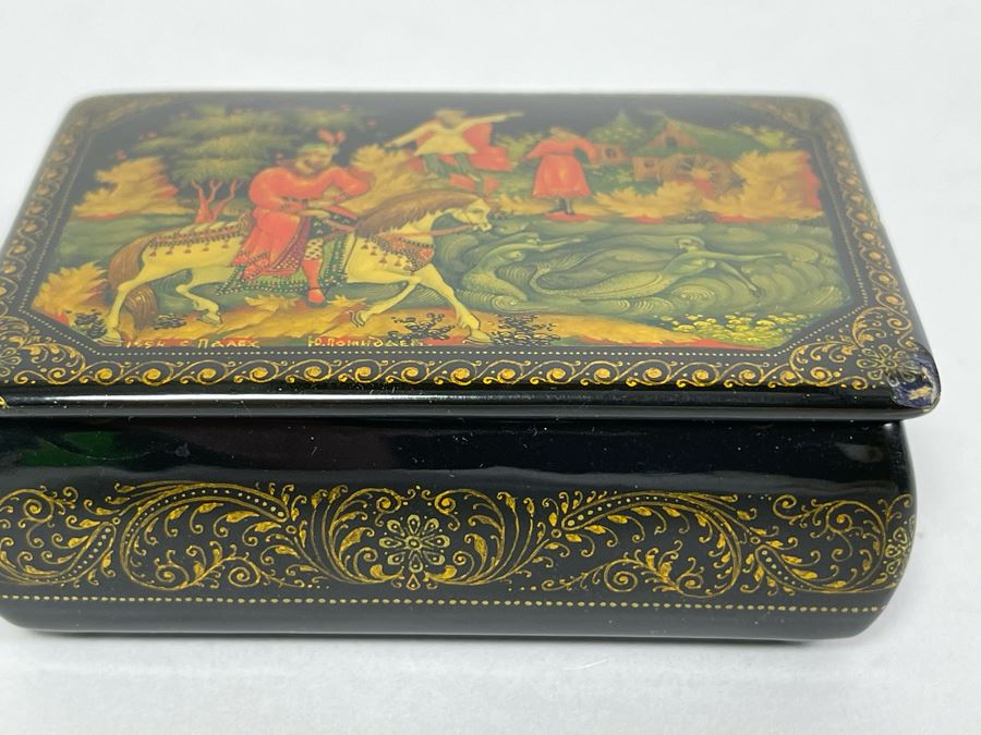 Handpainted Signed Russian Palekh Lacquer Box With Mermaids 3W X 2.25D X 1.25H [Photo 7]