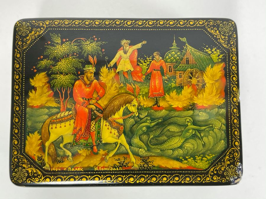 Handpainted Signed Russian Palekh Lacquer Box With Mermaids 3W X 2.25D X 1.25H [Photo 2]