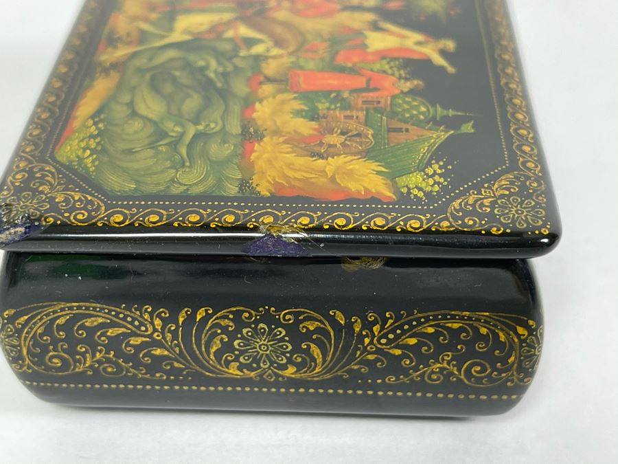Handpainted Signed Russian Palekh Lacquer Box With Mermaids 3W X 2.25D X 1.25H [Photo 8]