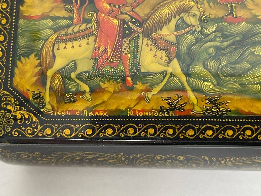Handpainted Signed Russian Palekh Lacquer Box With Mermaids 3W X 2.25D X 1.25H [Photo 6]