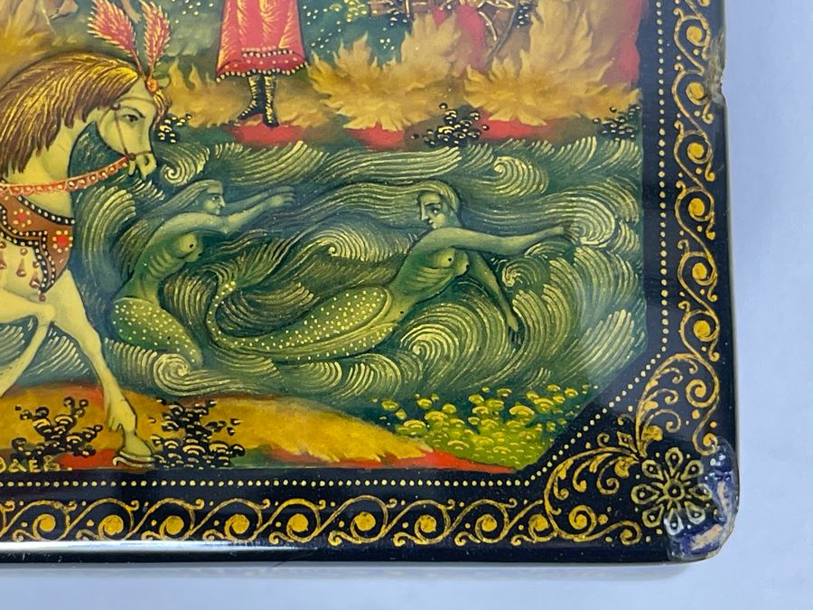 Handpainted Signed Russian Palekh Lacquer Box With Mermaids 3W X 2.25D X 1.25H [Photo 5]