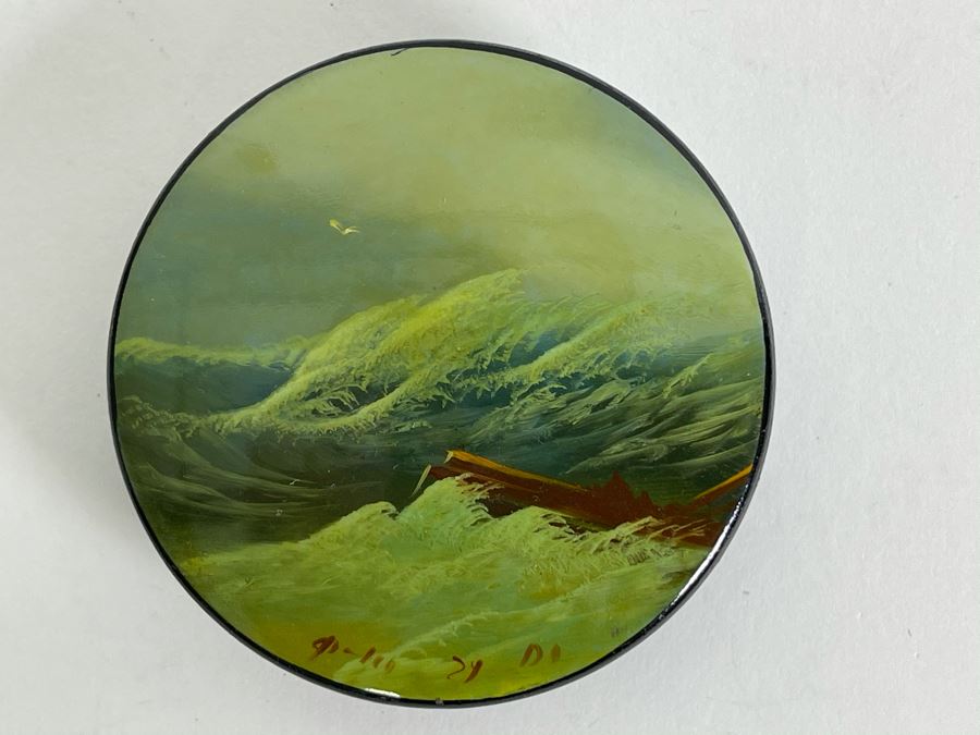 Handpainted Signed Russian Palekh Lacquer Box With Ship Navigating Crashing Storm Waves 2.25W X 0.5H [Photo 2]