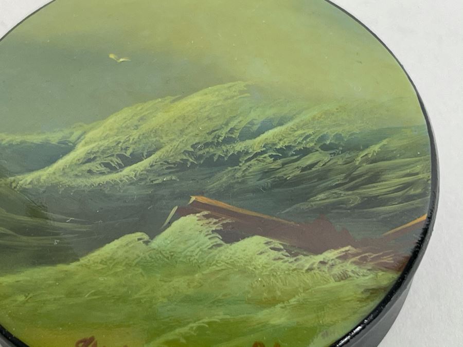 Handpainted Signed Russian Palekh Lacquer Box With Ship Navigating Crashing Storm Waves 2.25W X 0.5H [Photo 5]
