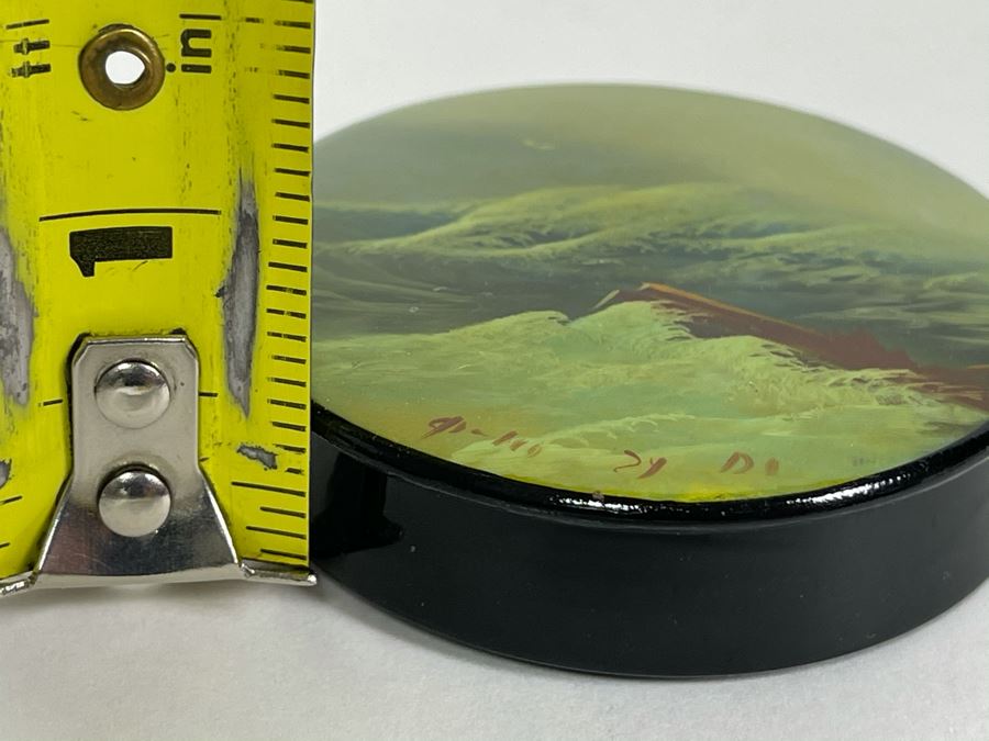 Handpainted Signed Russian Palekh Lacquer Box With Ship Navigating Crashing Storm Waves 2.25W X 0.5H [Photo 10]