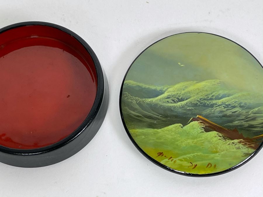 Handpainted Signed Russian Palekh Lacquer Box With Ship Navigating Crashing Storm Waves 2.25W X 0.5H [Photo 7]