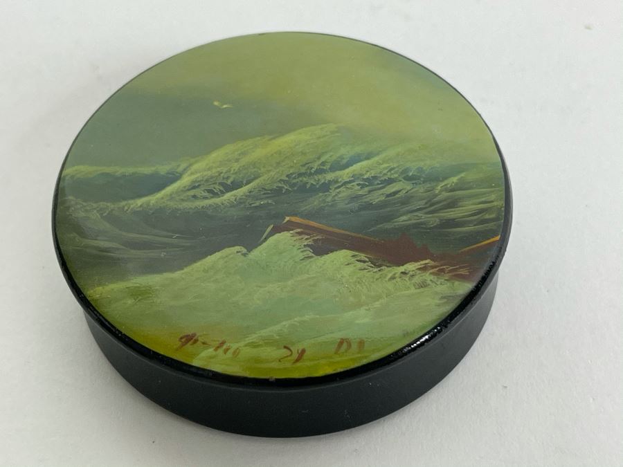 Handpainted Signed Russian Palekh Lacquer Box With Ship Navigating Crashing Storm Waves 2.25W X 0.5H [Photo 3]