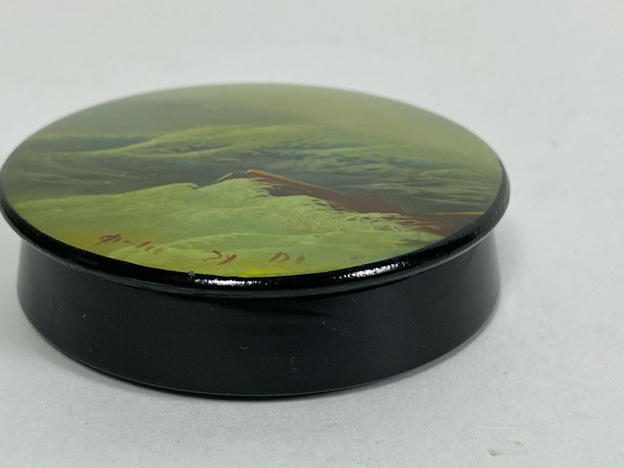 Handpainted Signed Russian Palekh Lacquer Box With Ship Navigating Crashing Storm Waves 2.25W X 0.5H [Photo 6]