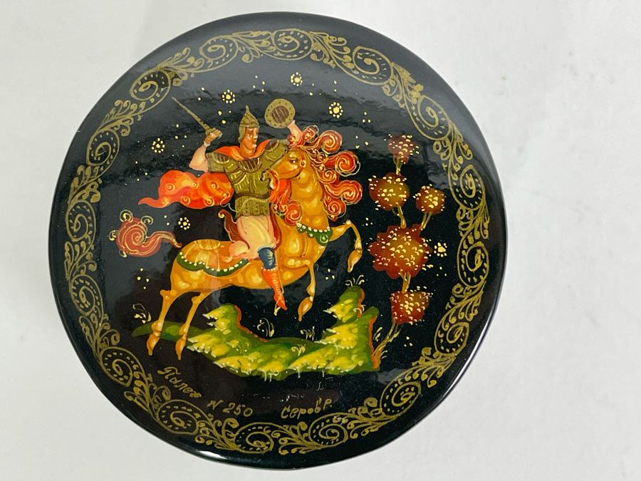 Handpainted Signed Russian Palekh Lacquer Box 2W X 1H
