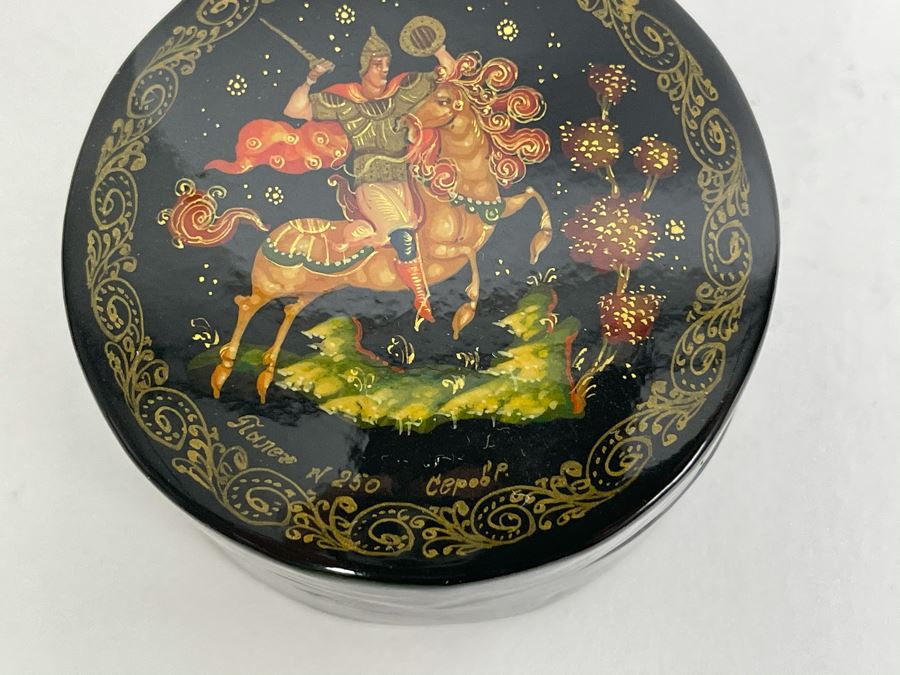 Handpainted Signed Russian Palekh Lacquer Box 2W X 1H [Photo 4]