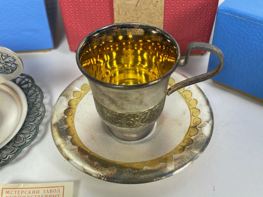 Set Of Five Vintage Soviet Union Russian Silver / Gold Cups With Saucers (3 Still Sealed - 2 Unboxed) [Photo 5]