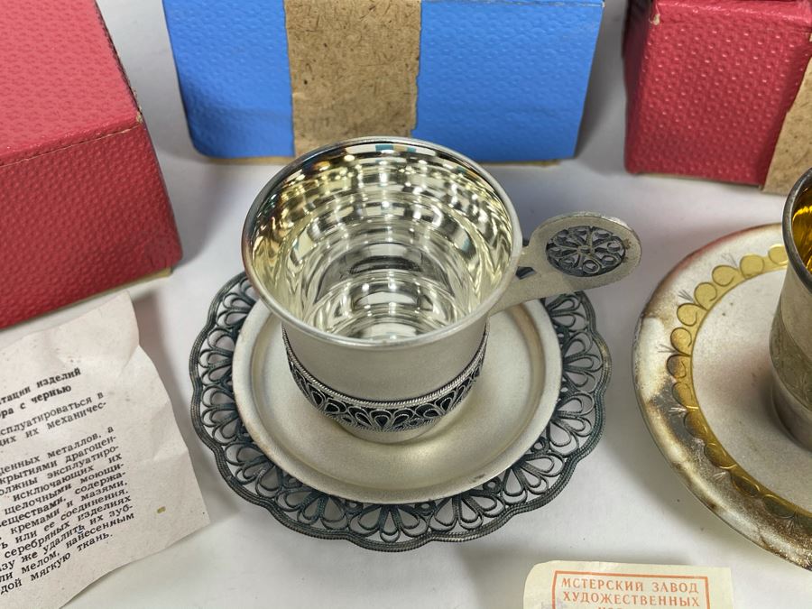 Set Of Five Vintage Soviet Union Russian Silver / Gold Cups With Saucers (3 Still Sealed - 2 Unboxed) [Photo 4]