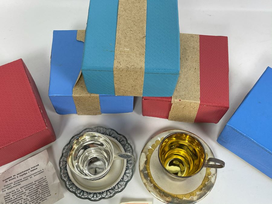 Set Of Five Vintage Soviet Union Russian Silver / Gold Cups With Saucers (3 Still Sealed - 2 Unboxed) [Photo 10]