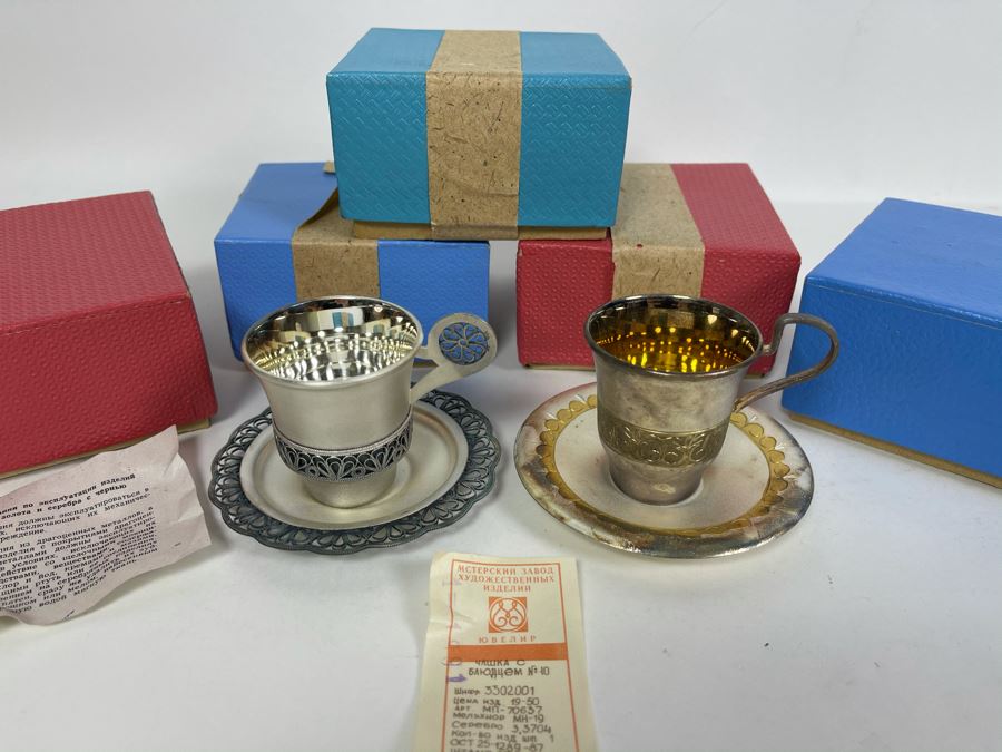 Set Of Five Vintage Soviet Union Russian Silver / Gold Cups With Saucers (3 Still Sealed - 2 Unboxed) [Photo 1]
