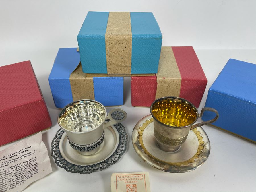 Set Of Five Vintage Soviet Union Russian Silver / Gold Cups With Saucers (3 Still Sealed - 2 Unboxed) [Photo 2]