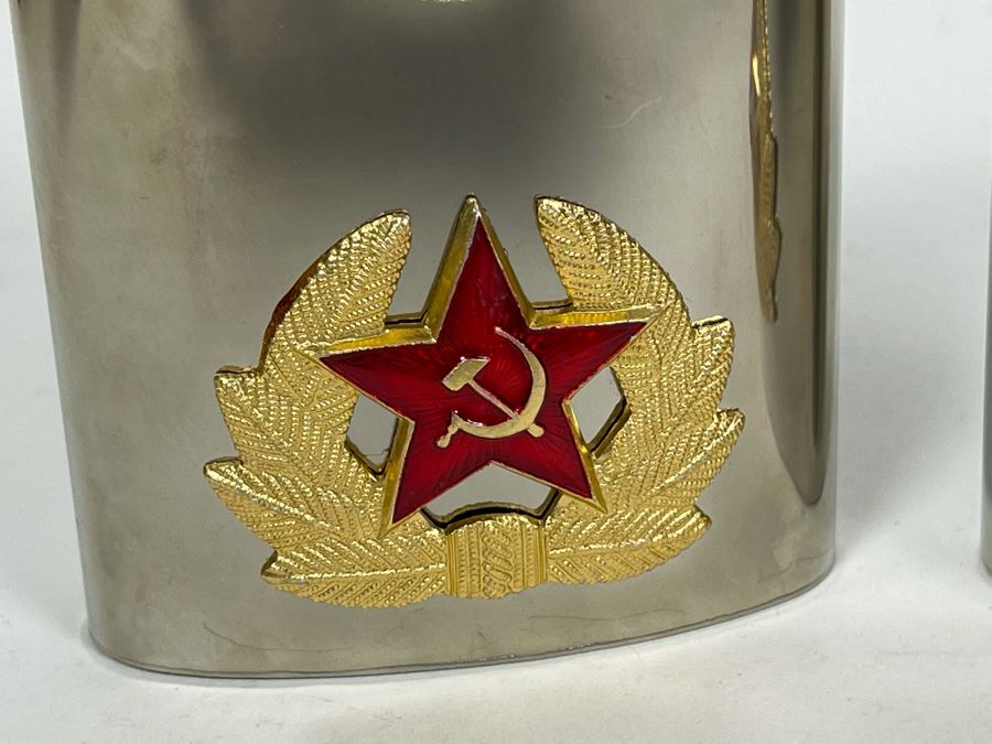 Pair Of Vintage Soviet Union USSR Metal Flasks 4.75H [Photo 3]