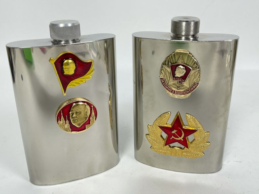 Pair Of Vintage Soviet Union USSR Metal Flasks 4.75H [Photo 2]