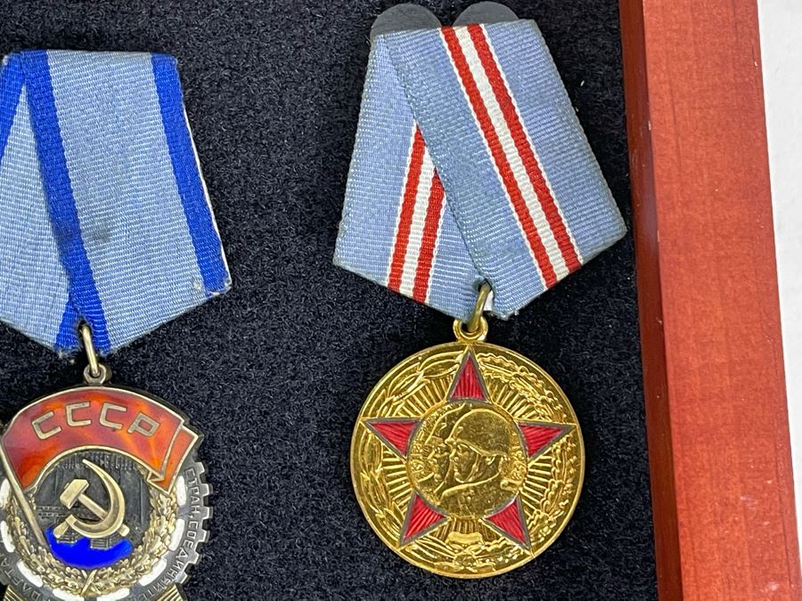 Collection Of Vintage Soviet Union USSR Military Medals Presented In Glass Top Wooden Display Box 14.5W X 11.5D X 1.75H [Photo 7]