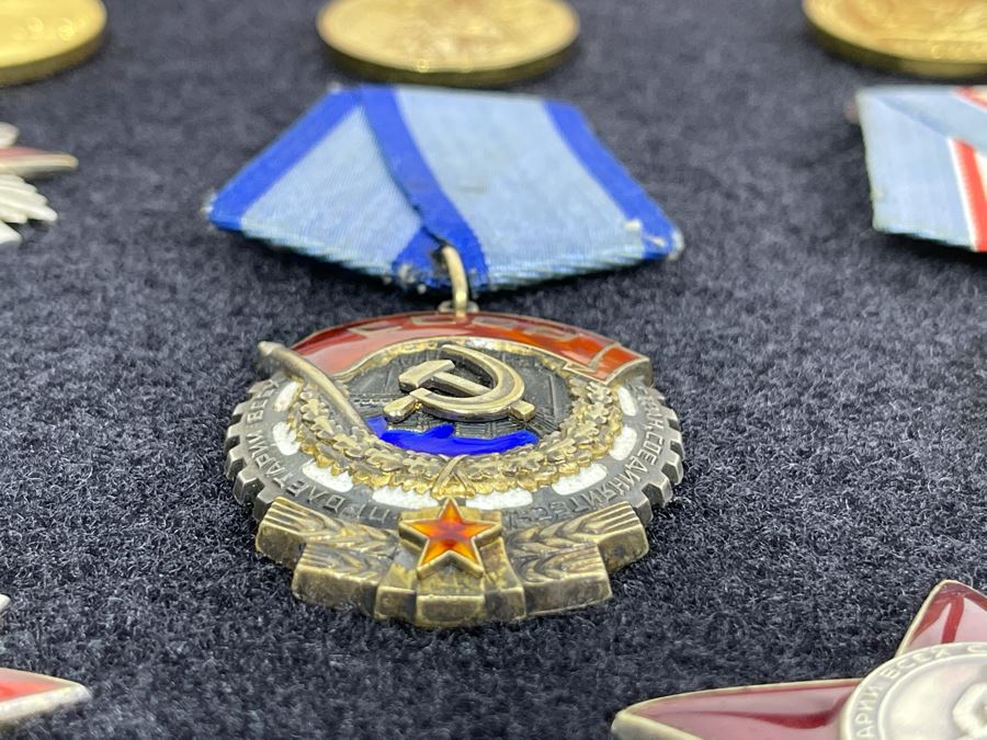 Collection Of Vintage Soviet Union USSR Military Medals Presented In Glass Top Wooden Display Box 14.5W X 11.5D X 1.75H [Photo 33]