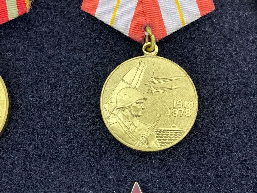 Collection Of Vintage Soviet Union USSR Military Medals Presented In Glass Top Wooden Display Box 14.5W X 11.5D X 1.75H [Photo 21]