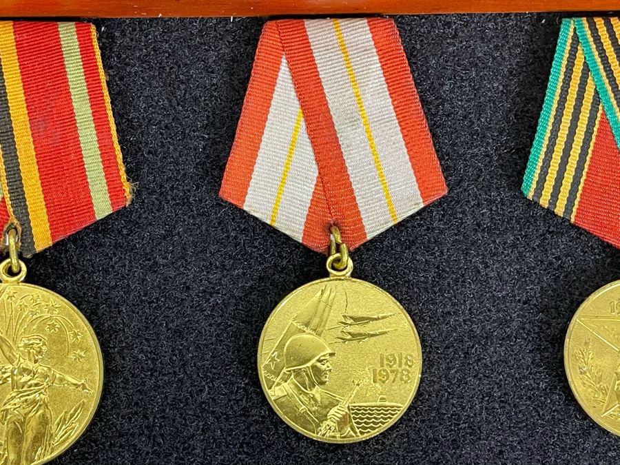 Collection Of Vintage Soviet Union USSR Military Medals Presented In Glass Top Wooden Display Box 14.5W X 11.5D X 1.75H [Photo 22]
