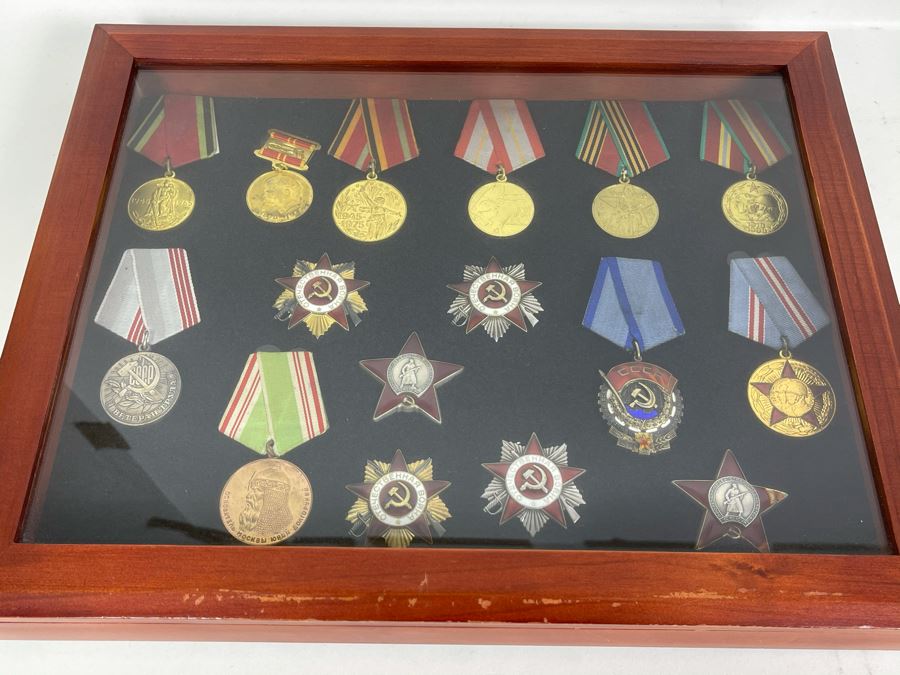 Collection Of Vintage Soviet Union USSR Military Medals Presented In Glass Top Wooden Display Box 14.5W X 11.5D X 1.75H [Photo 2]