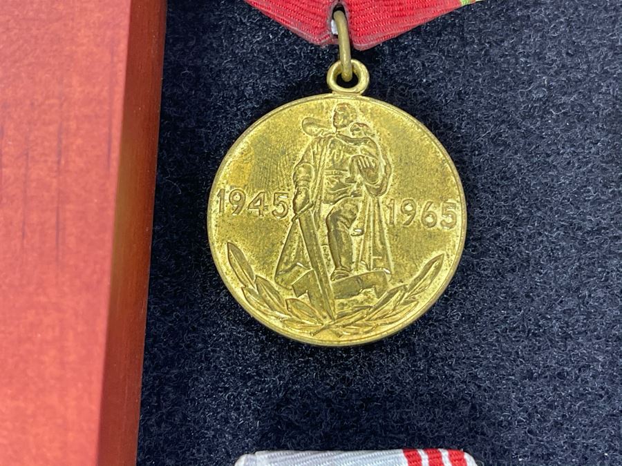 Collection Of Vintage Soviet Union USSR Military Medals Presented In Glass Top Wooden Display Box 14.5W X 11.5D X 1.75H [Photo 17]