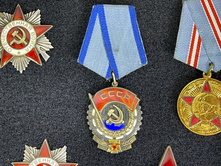 Collection Of Vintage Soviet Union USSR Military Medals Presented In Glass Top Wooden Display Box 14.5W X 11.5D X 1.75H [Photo 9]
