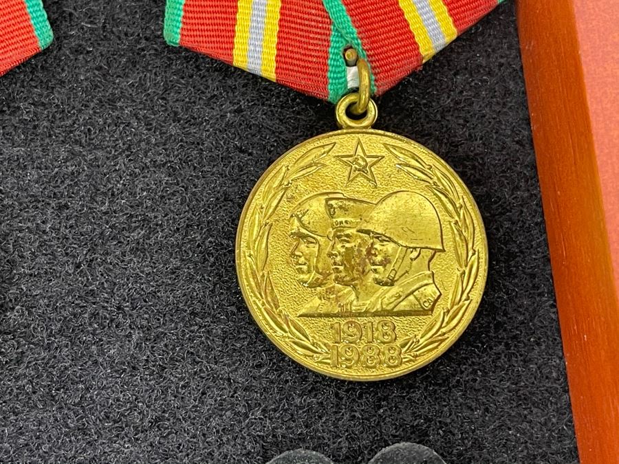 Collection Of Vintage Soviet Union USSR Military Medals Presented In Glass Top Wooden Display Box 14.5W X 11.5D X 1.75H [Photo 25]