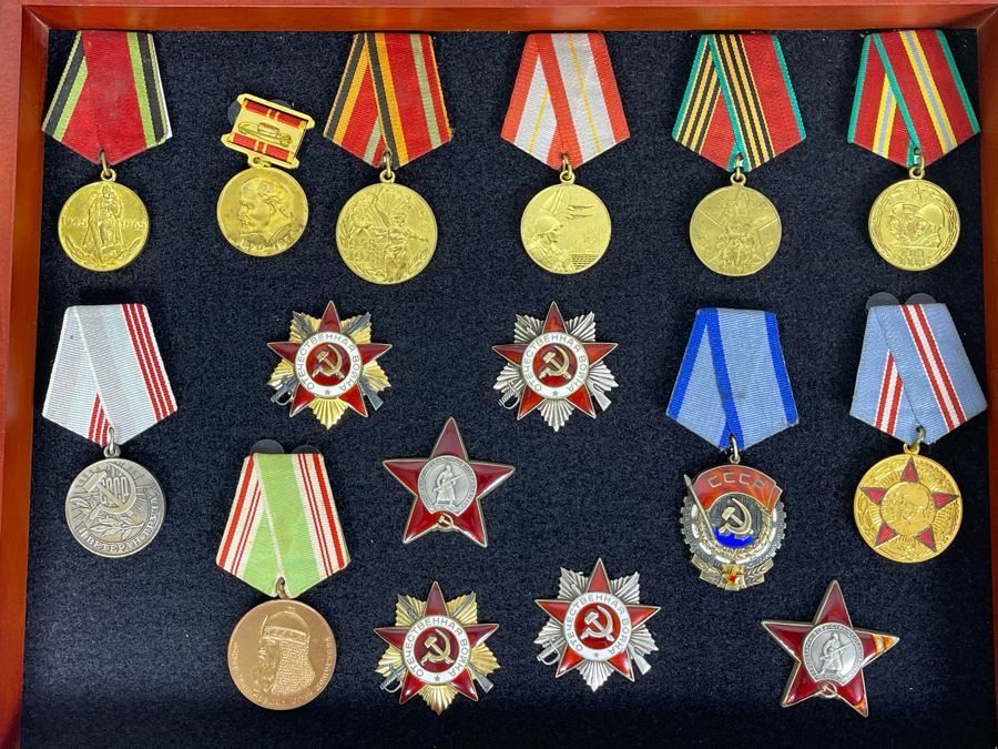 Collection Of Vintage Soviet Union USSR Military Medals Presented In Glass Top Wooden Display Box 14.5W X 11.5D X 1.75H [Photo 3]