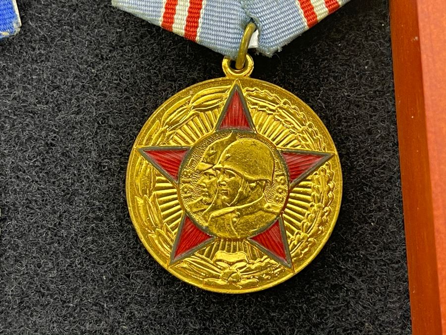 Collection Of Vintage Soviet Union USSR Military Medals Presented In Glass Top Wooden Display Box 14.5W X 11.5D X 1.75H [Photo 27]