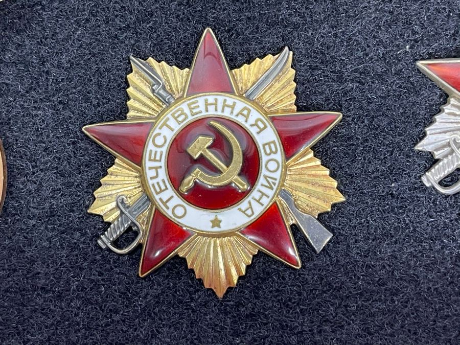 Collection Of Vintage Soviet Union USSR Military Medals Presented In Glass Top Wooden Display Box 14.5W X 11.5D X 1.75H [Photo 13]