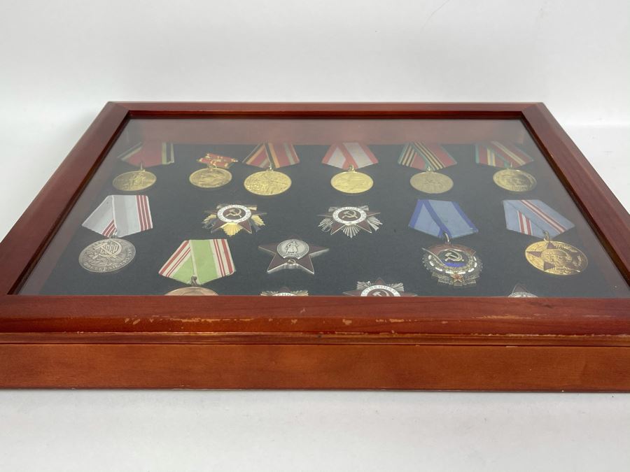 Collection Of Vintage Soviet Union USSR Military Medals Presented In Glass Top Wooden Display Box 14.5W X 11.5D X 1.75H [Photo 29]