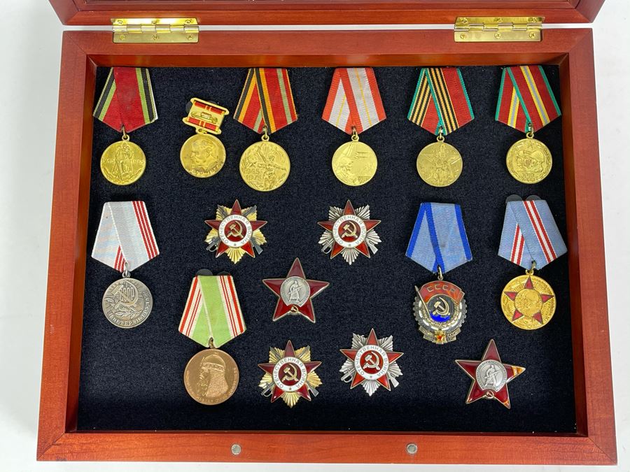Collection Of Vintage Soviet Union USSR Military Medals Presented In Glass Top Wooden Display Box 14.5W X 11.5D X 1.75H [Photo 1]