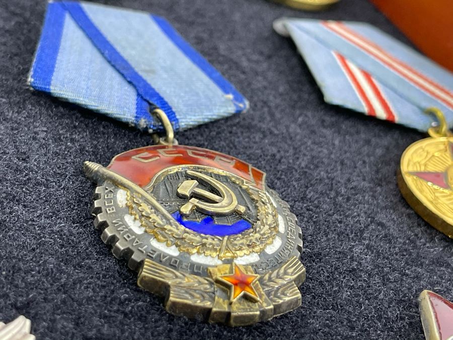 Collection Of Vintage Soviet Union USSR Military Medals Presented In Glass Top Wooden Display Box 14.5W X 11.5D X 1.75H [Photo 35]