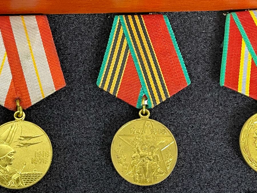 Collection Of Vintage Soviet Union USSR Military Medals Presented In Glass Top Wooden Display Box 14.5W X 11.5D X 1.75H [Photo 24]